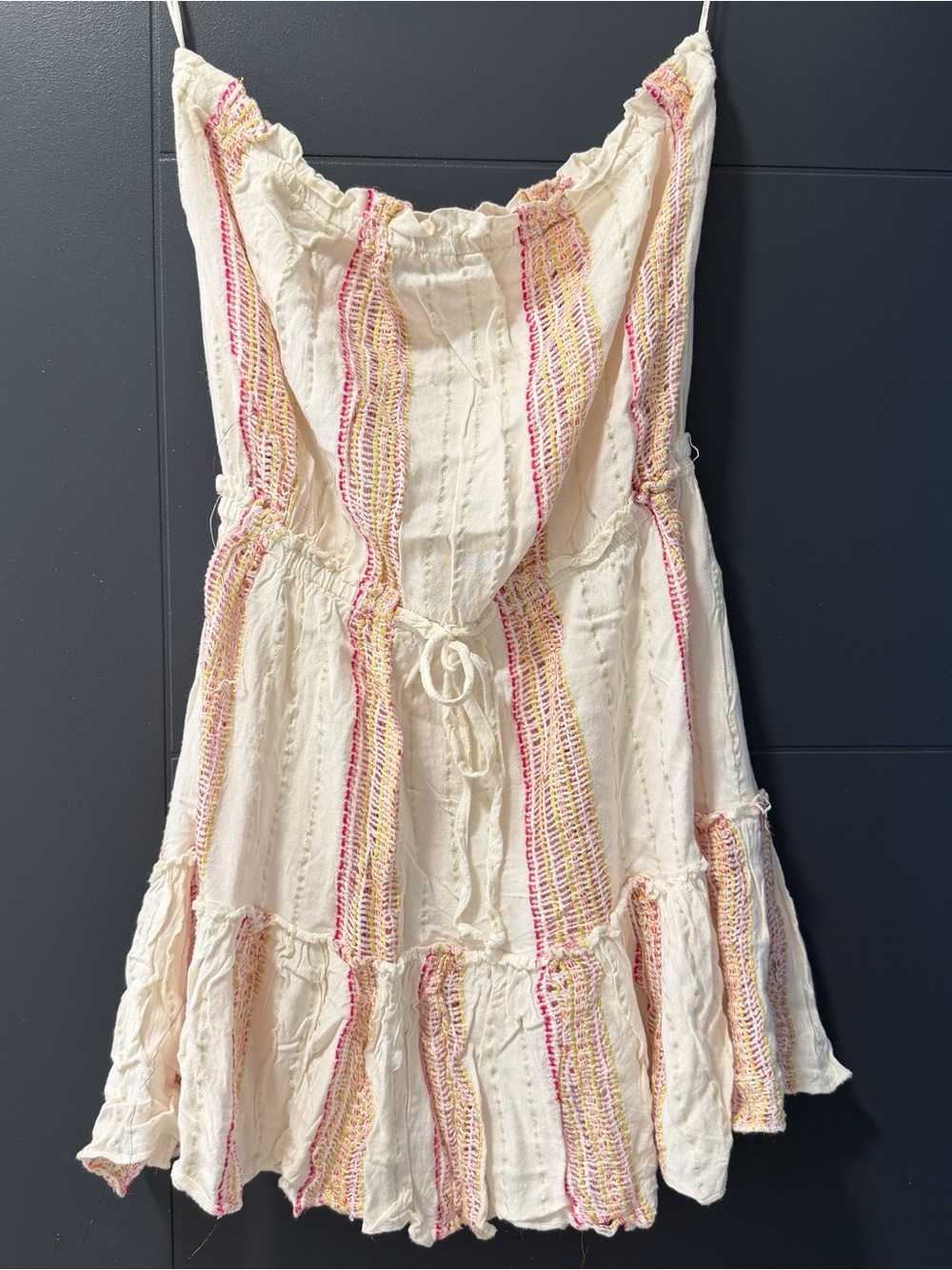 Boho Cream Striped Tiered Strapless Coverup with Pink & Yellow Accents